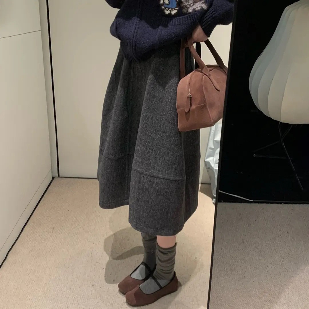 顯瘦寬鬆高腰百搭A字半身裙毛呢花苞裙