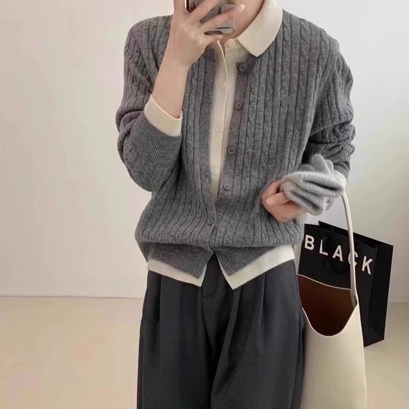 小眾洋氣撞色翻領毛衣設計感假兩件針織開衫