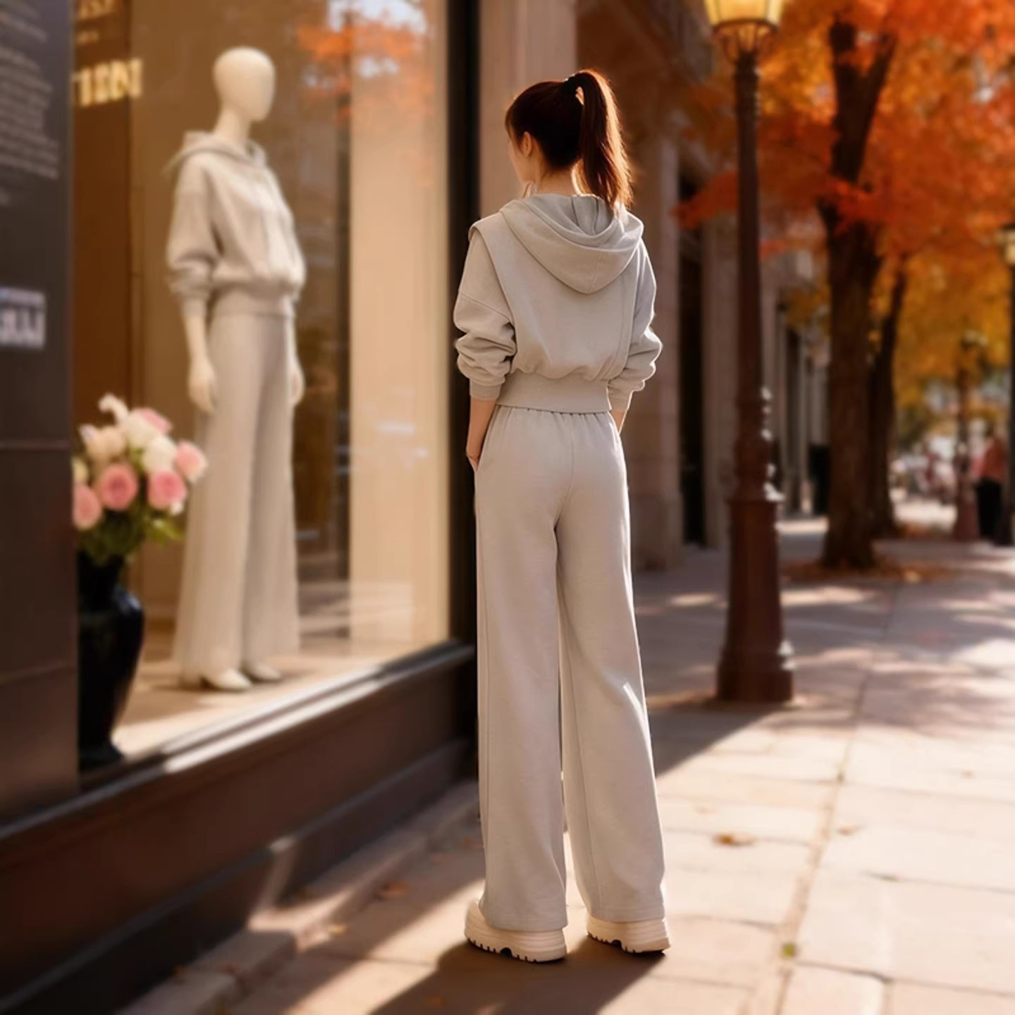 【整套】韓版大碼加絨拼接連帽衛衣+休閒褲兩件套