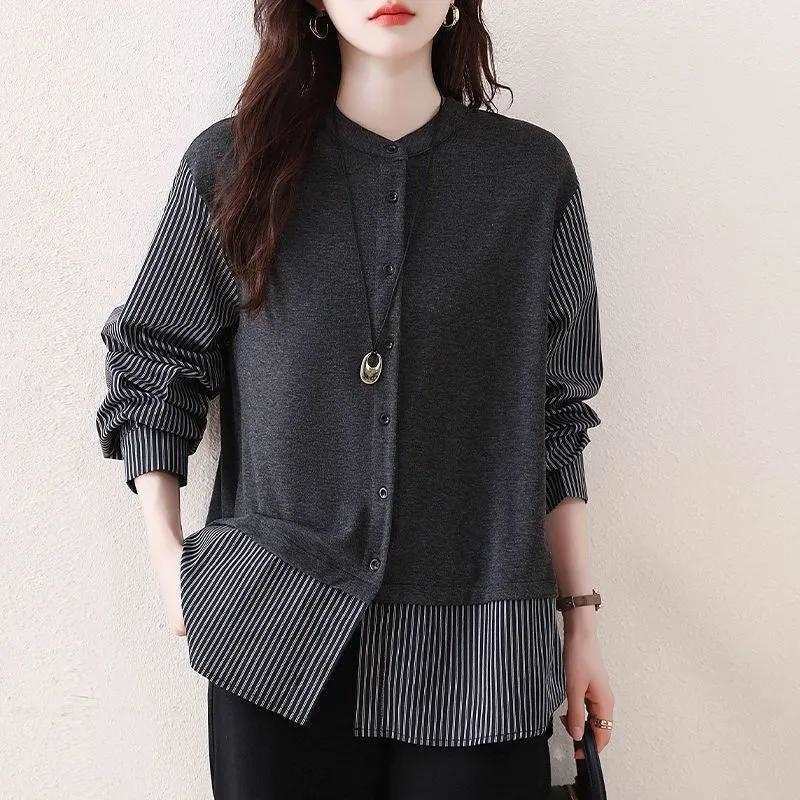 時尚條紋拼接寬鬆遮肉假兩件襯衫-lululam