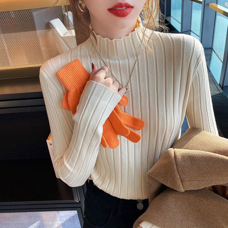木耳邊半高領內搭毛衣短版修身針織打底衫
