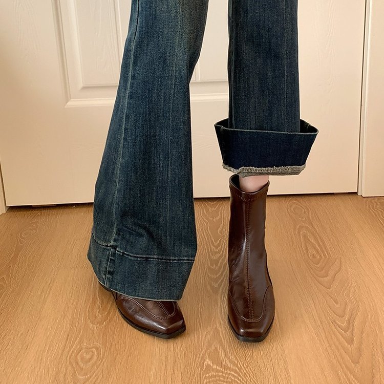 法式時尚短靴低跟平底方頭馬丁靴