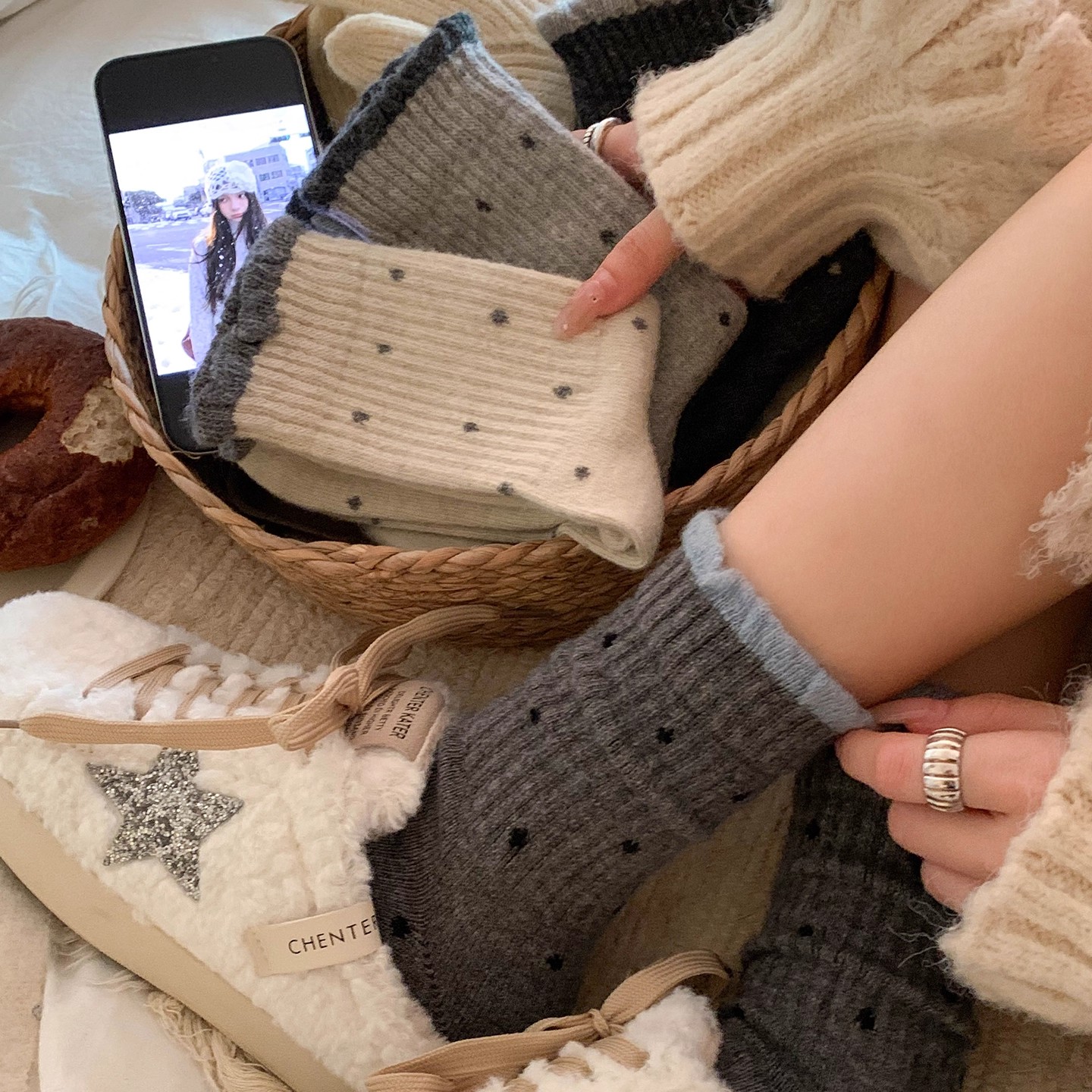 溫柔花邊可愛波點百搭堆堆百搭中筒棉襪