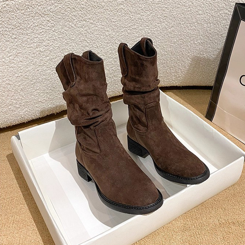 美拉德復古中筒牛仔堆堆短靴粗跟馬丁靴-lululam