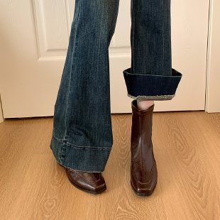 法式時尚短靴低跟平底方頭馬丁靴