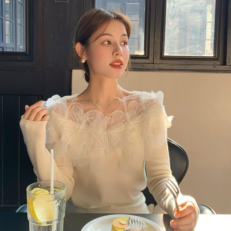 法式手工刺繡繁花網紗顯瘦針織衫