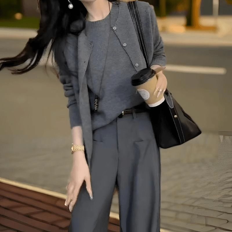 【單件/套裝】韓版慵懶顯瘦開衫+背心+休閒長褲三件套