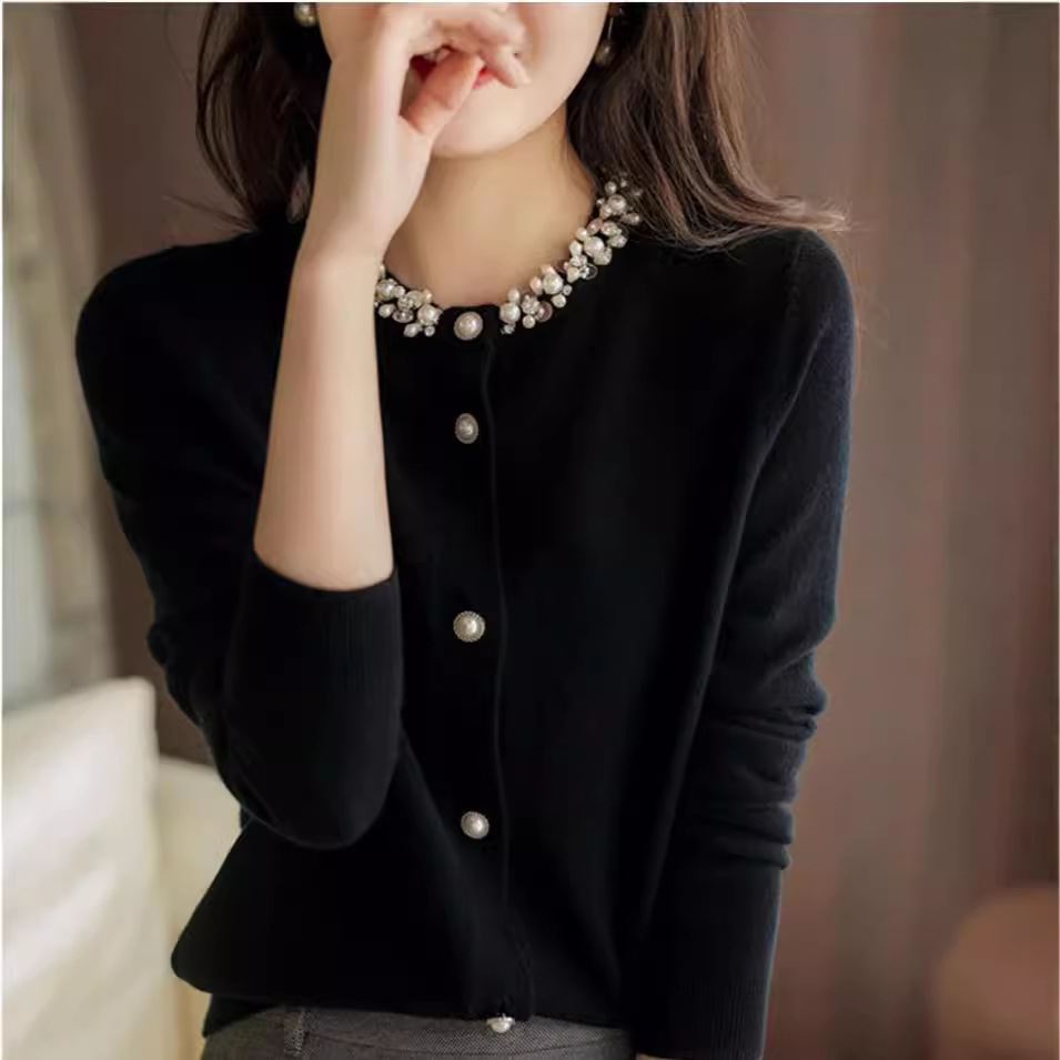 圓領釘珠寬鬆顯瘦氣質大碼針織開衫