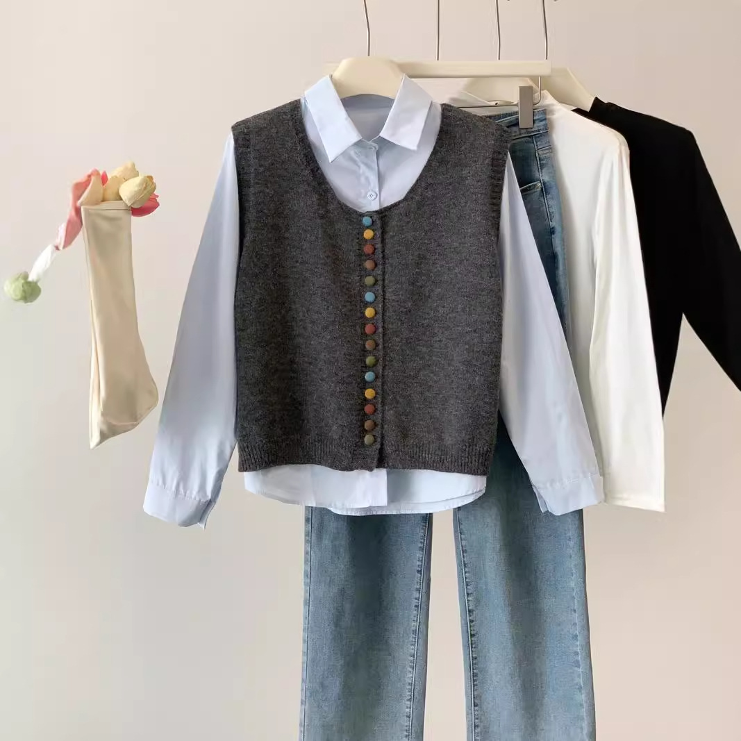 【單件/套裝】彩虹紐扣針織馬甲+通勤遮肉長袖襯衫兩件套-lululam