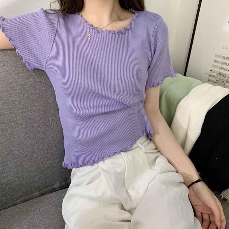 修身高腰短款時尚木耳邊素色短袖T恤-lululam