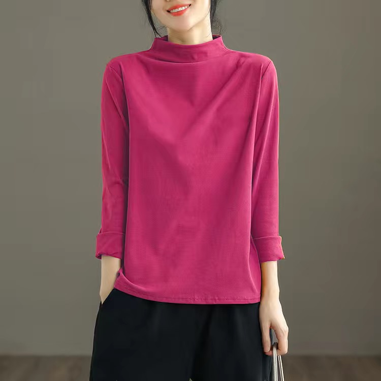 純棉半高領休閒寬鬆百搭文藝打底衫長袖T恤-lululam