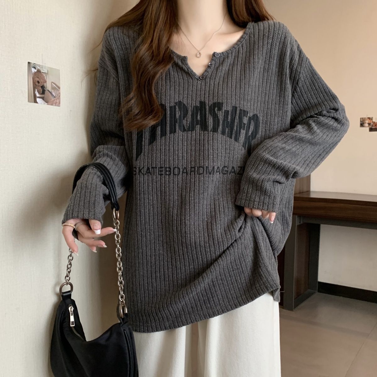 字母印花大碼寬鬆顯瘦休閒長袖T恤