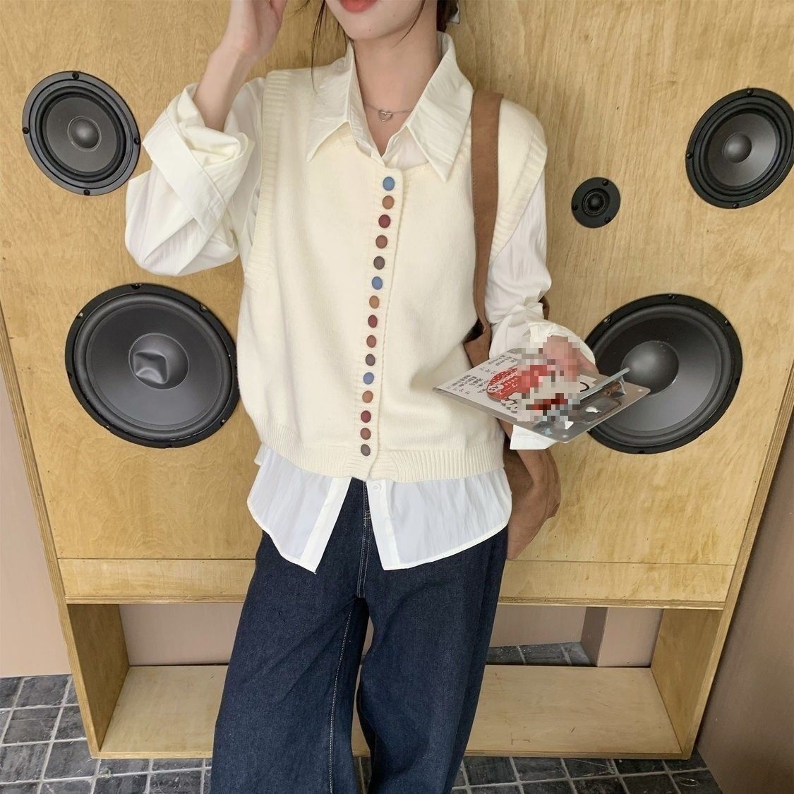 【單件/套裝】彩虹紐扣針織馬甲+通勤遮肉長袖襯衫兩件套-lululam