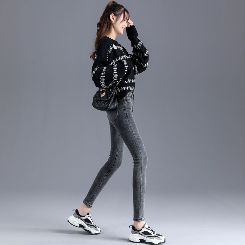 刷毛加厚高腰修身顯瘦彈力緊身小腳牛仔褲