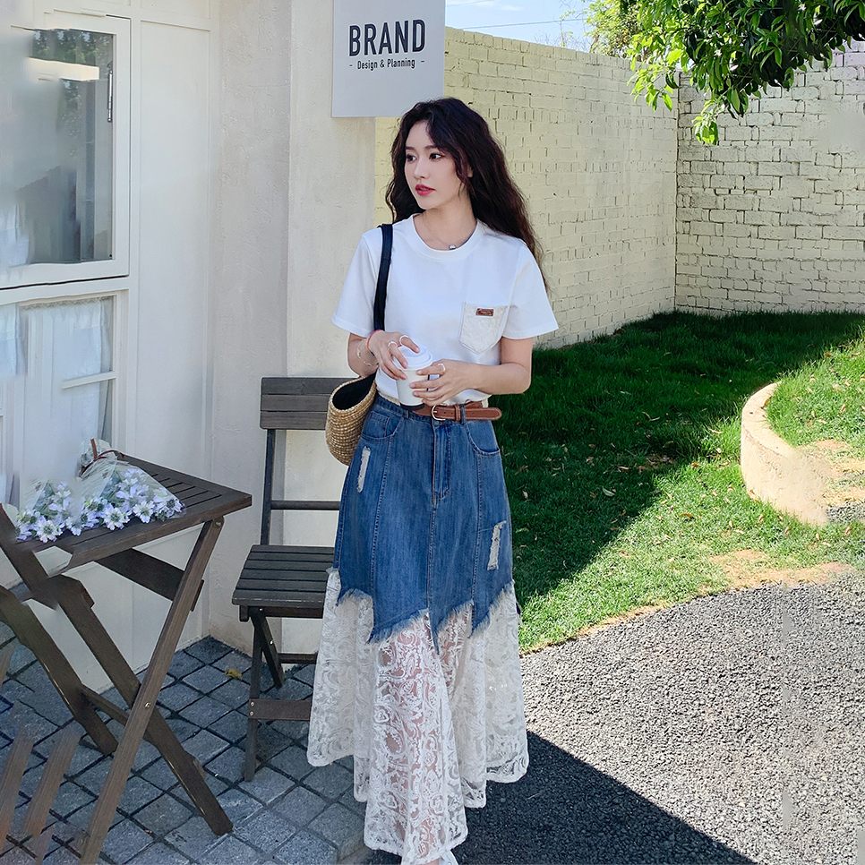 【單件/套裝】氣質流行短袖T恤+蕾絲拼接牛仔半身裙兩件套裝-lululam