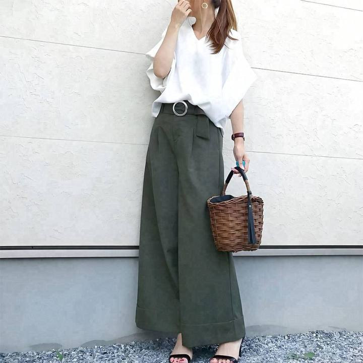 【套裝】日系v領蝙蝠中袖T恤+闊腿長褲兩件套裝-lululam