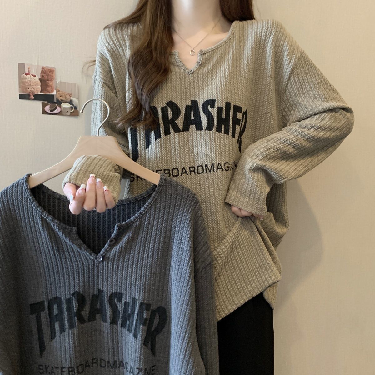 字母印花大碼寬鬆顯瘦休閒長袖T恤