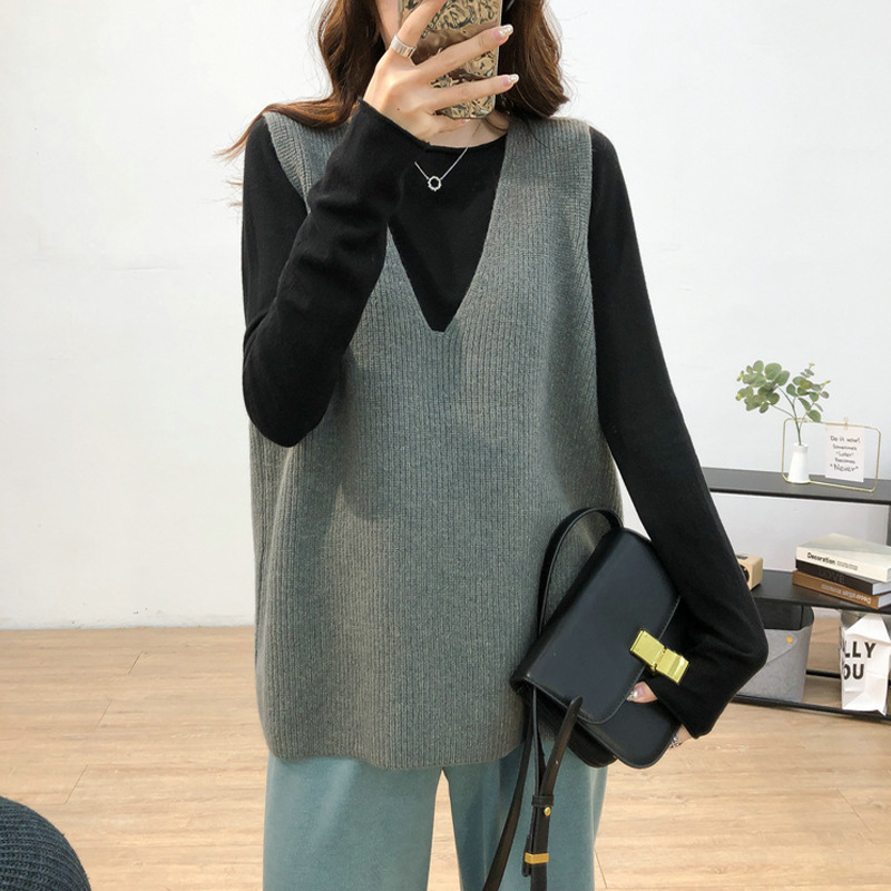 V領純色百搭寬鬆顯瘦針織無袖馬甲-lululam