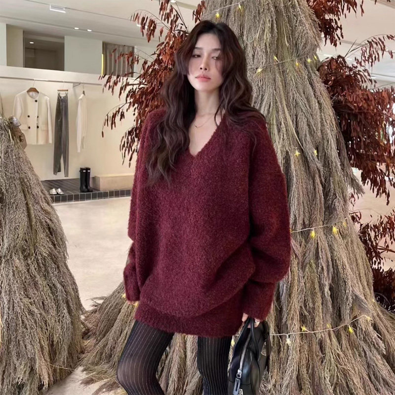 【整套】軟慵懶v領針織衫+顯瘦高腰半身裙兩件套