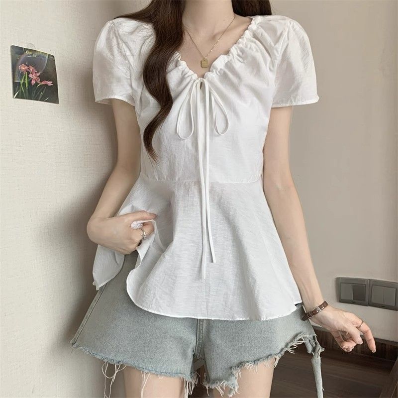 收腰顯瘦娃娃衫V領泡泡袖正肩短袖