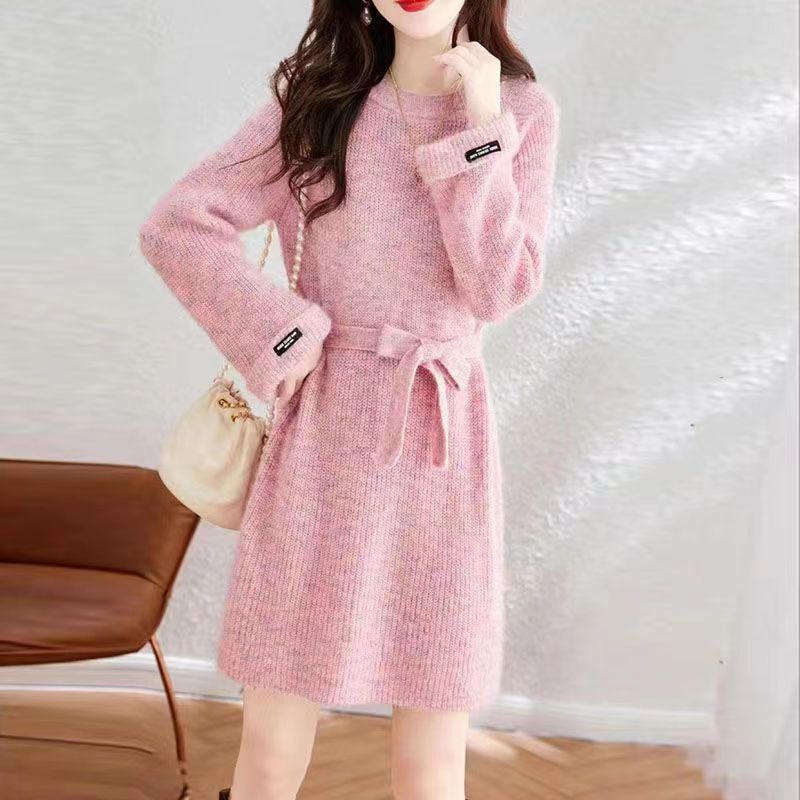 慵懶風寬鬆系帶中長版針織毛衣洋裝