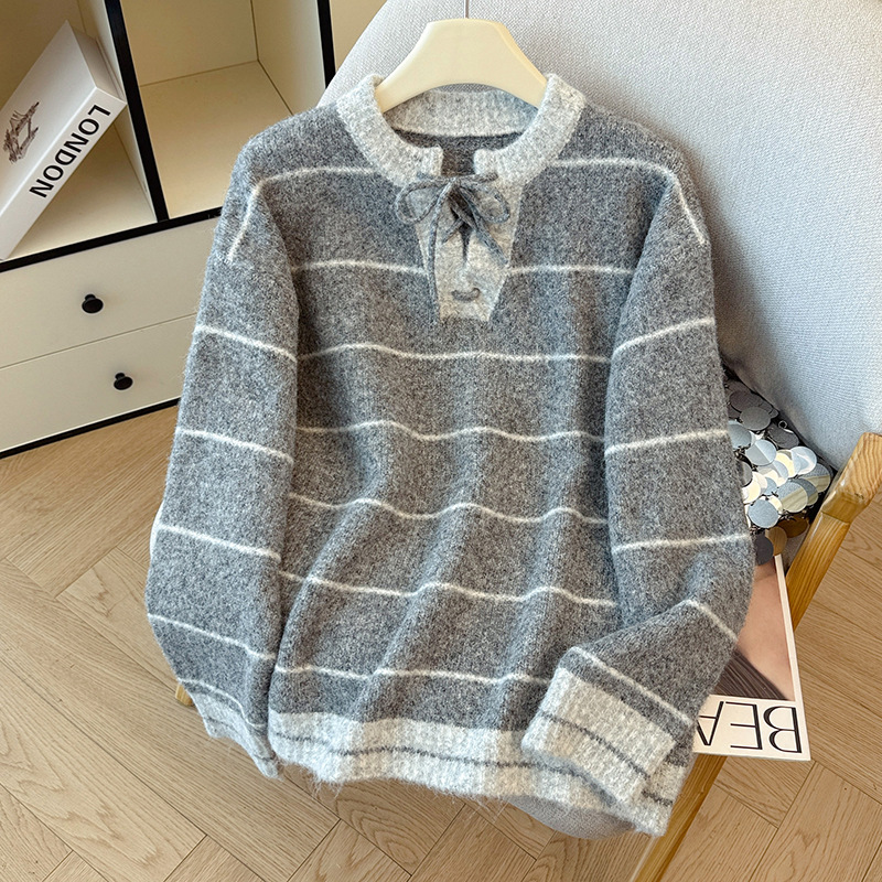 條紋套頭系帶開領高級感撞色針織衫