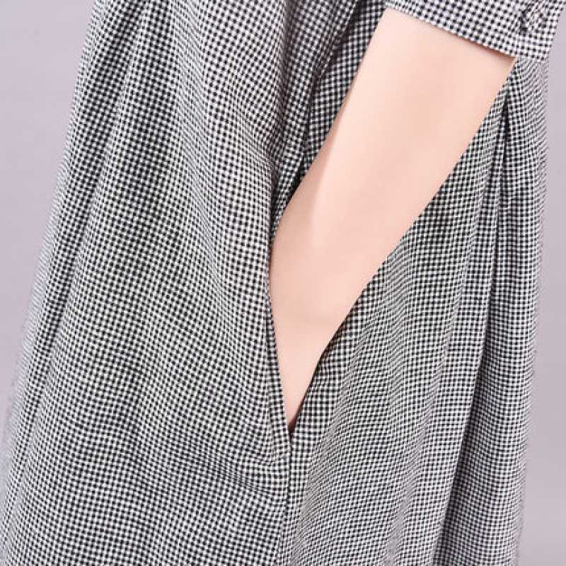 韓版時尚寬鬆大碼顯瘦格子長袖洋裝-lululam