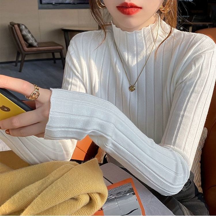 木耳邊半高領內搭毛衣短版修身針織打底衫