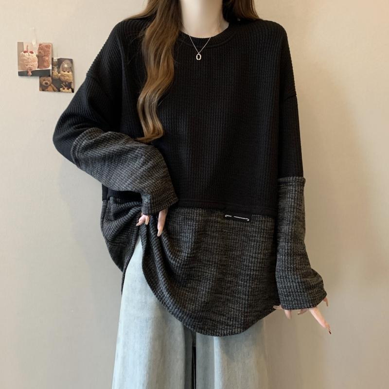 2色設計感拼接寬鬆慵懶撞色長袖T恤-lululam