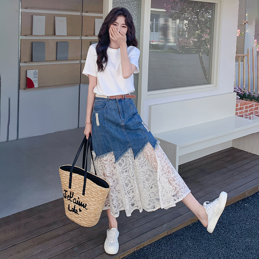 【單件/套裝】氣質流行短袖T恤+蕾絲拼接牛仔半身裙兩件套裝-lululam