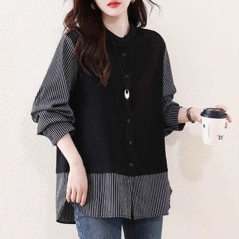 時尚條紋拼接寬鬆遮肉假兩件襯衫-lululam