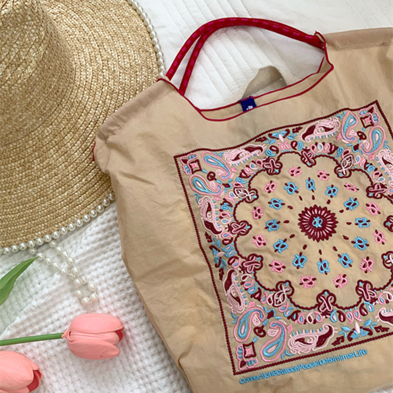 日系小眾腰果花刺繡購物袋尼龍環保袋時尚手提單肩包-lululam
