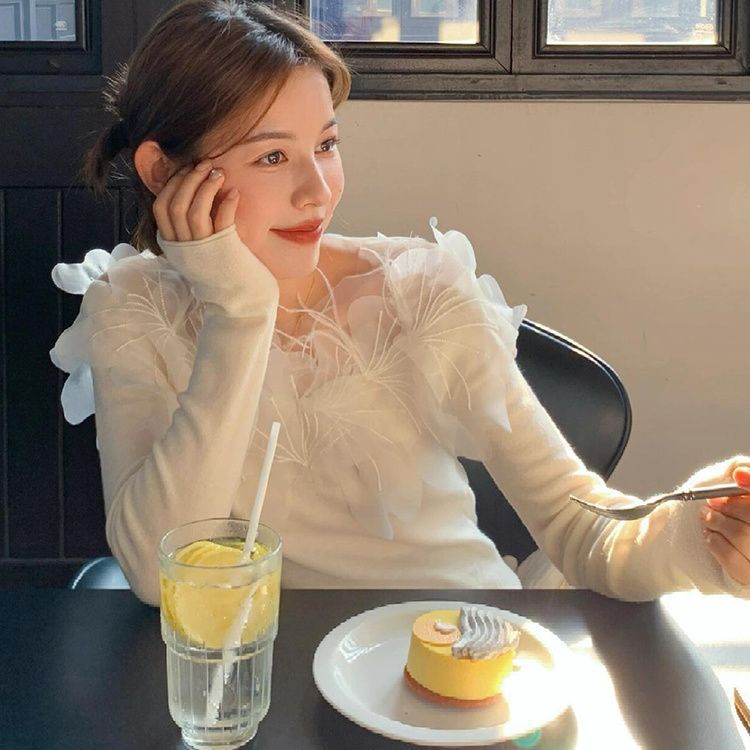 法式手工刺繡繁花網紗顯瘦針織衫