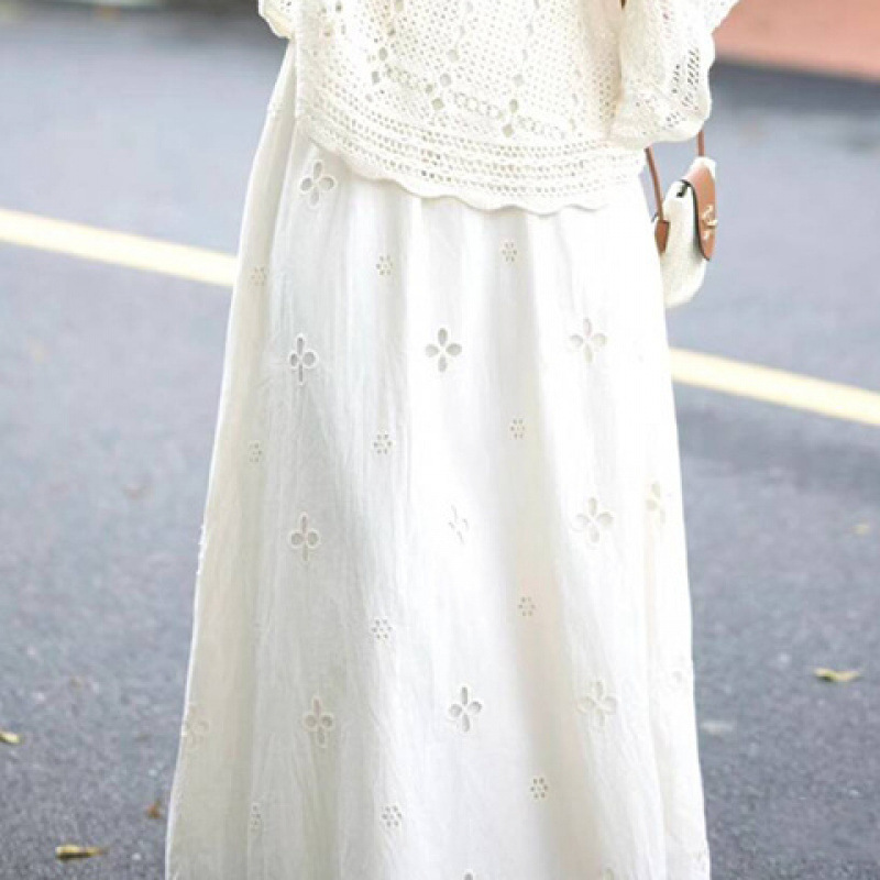 【單件/整套】溫柔小清新闊袖鏤空上衣半身長裙兩件套裝