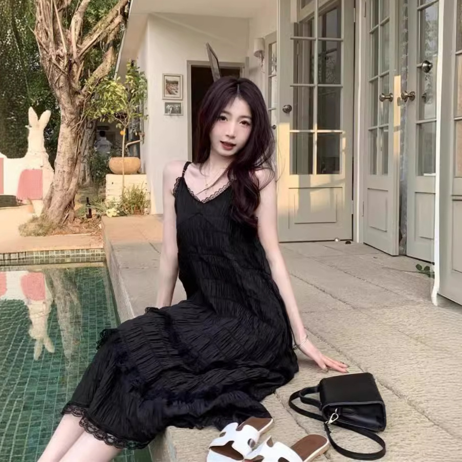 甜美減齡法式吊帶度假風寬鬆蛋糕裙洋裝