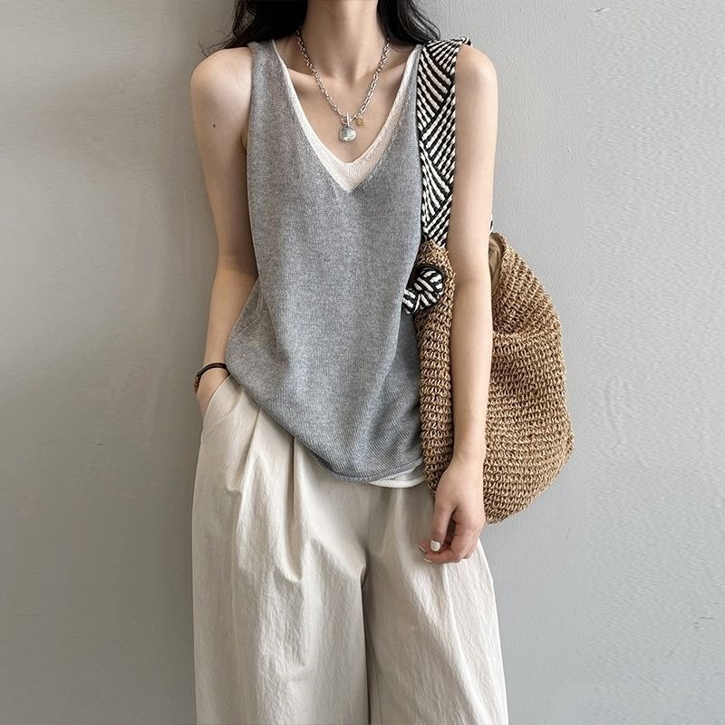 韓版撞色假兩件V領時尚吊帶背心