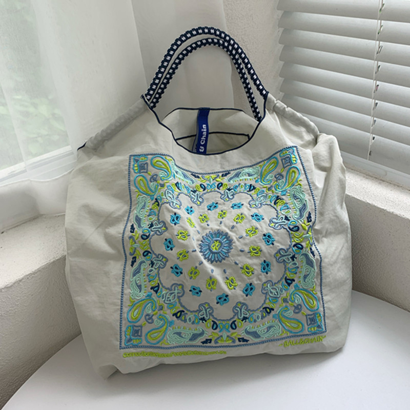 日系小眾腰果花刺繡購物袋尼龍環保袋時尚手提單肩包-lululam