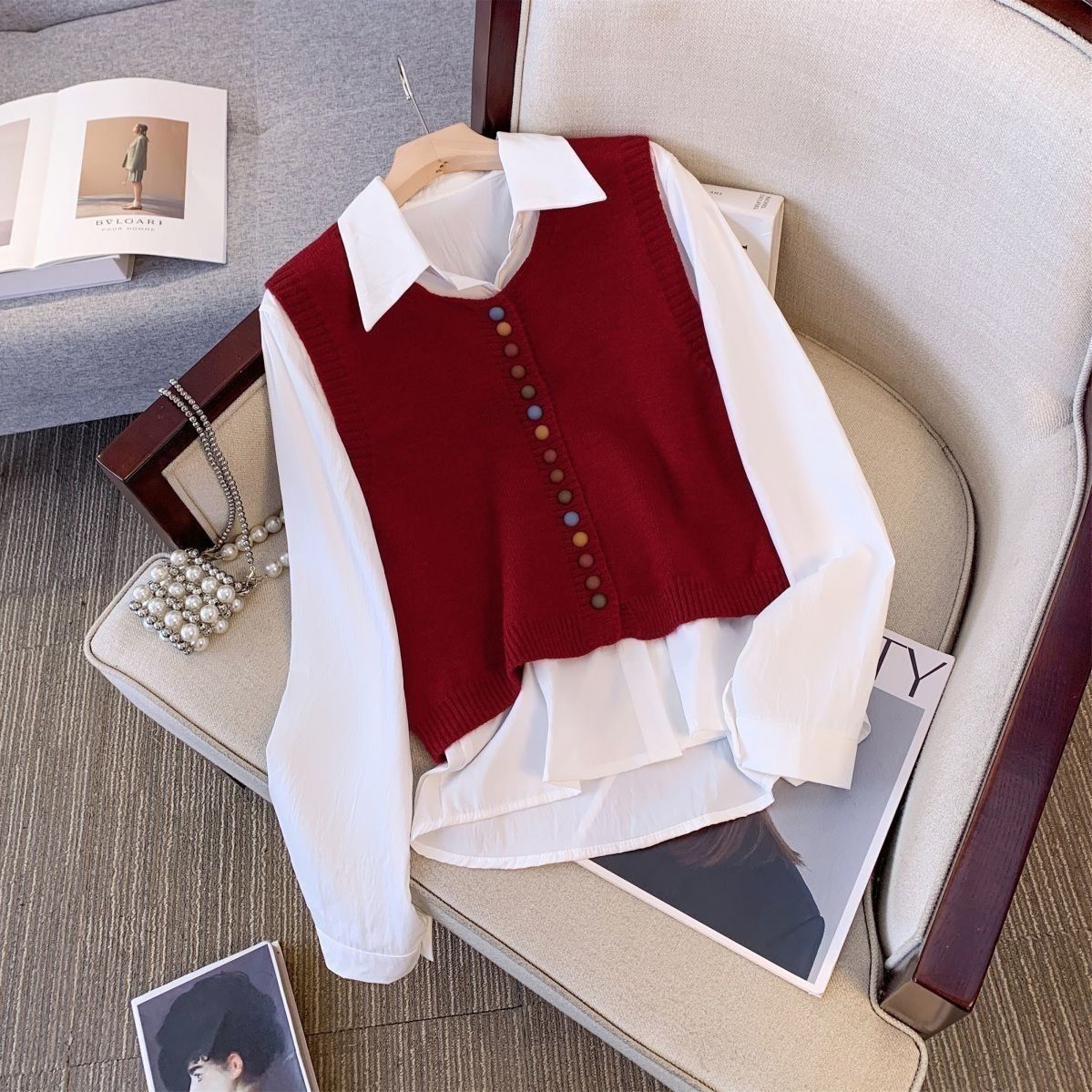 【單件/套裝】彩虹紐扣針織馬甲+通勤遮肉長袖襯衫兩件套-lululam