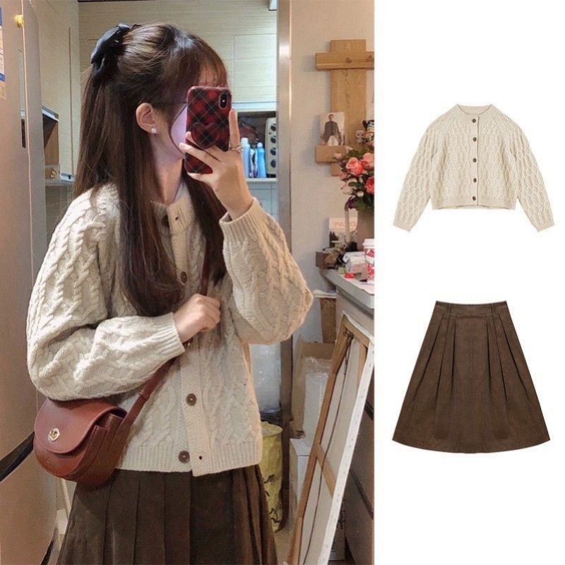 【單件/套裝】小香風休閒百搭毛衣開衫+半身裙兩件套