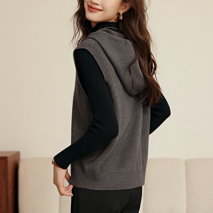 洋氣休閒經典百搭針織連帽背心馬甲-lululam