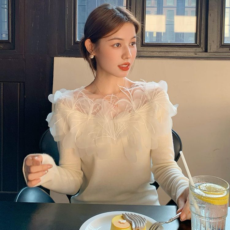 法式手工刺繡繁花網紗顯瘦針織衫