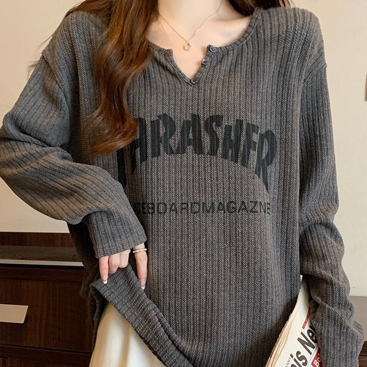 字母印花大碼寬鬆顯瘦休閒長袖T恤