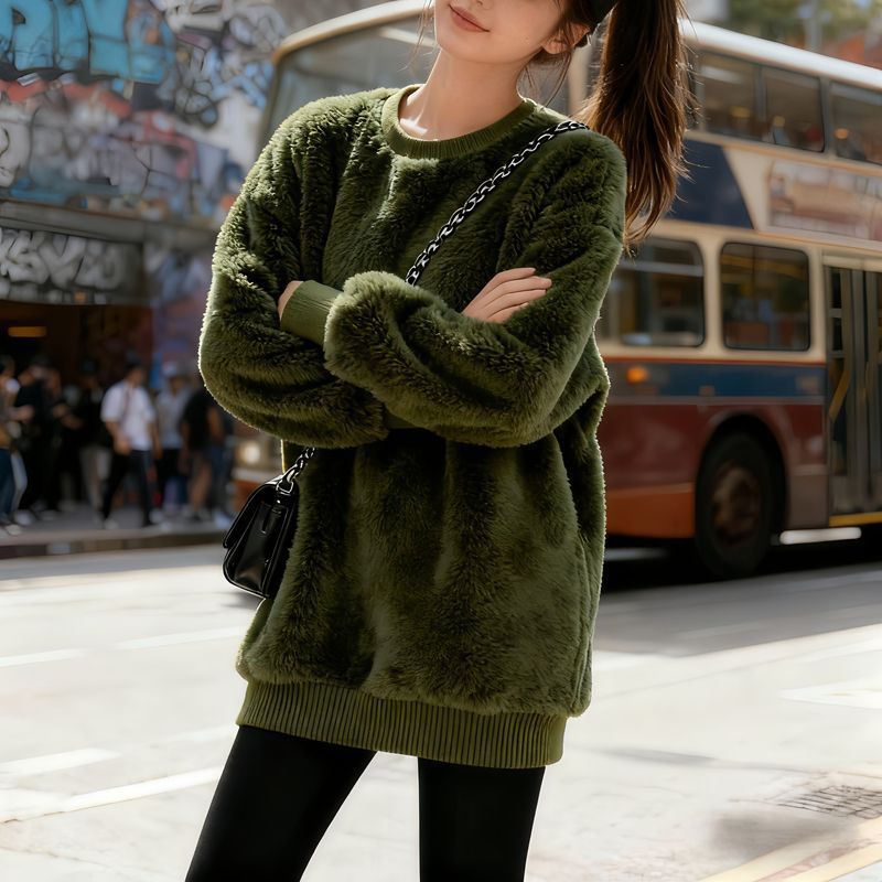 韓版寬鬆百搭刷毛加厚圓領珊瑚絨長袖