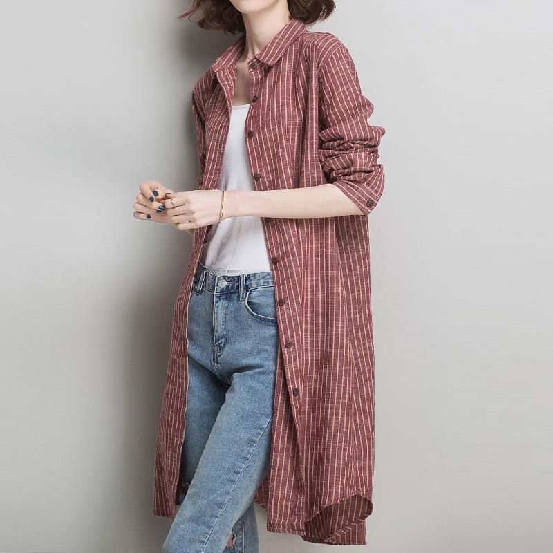 韓版寬鬆外搭開衫長袖經典條紋襯衫-lululam