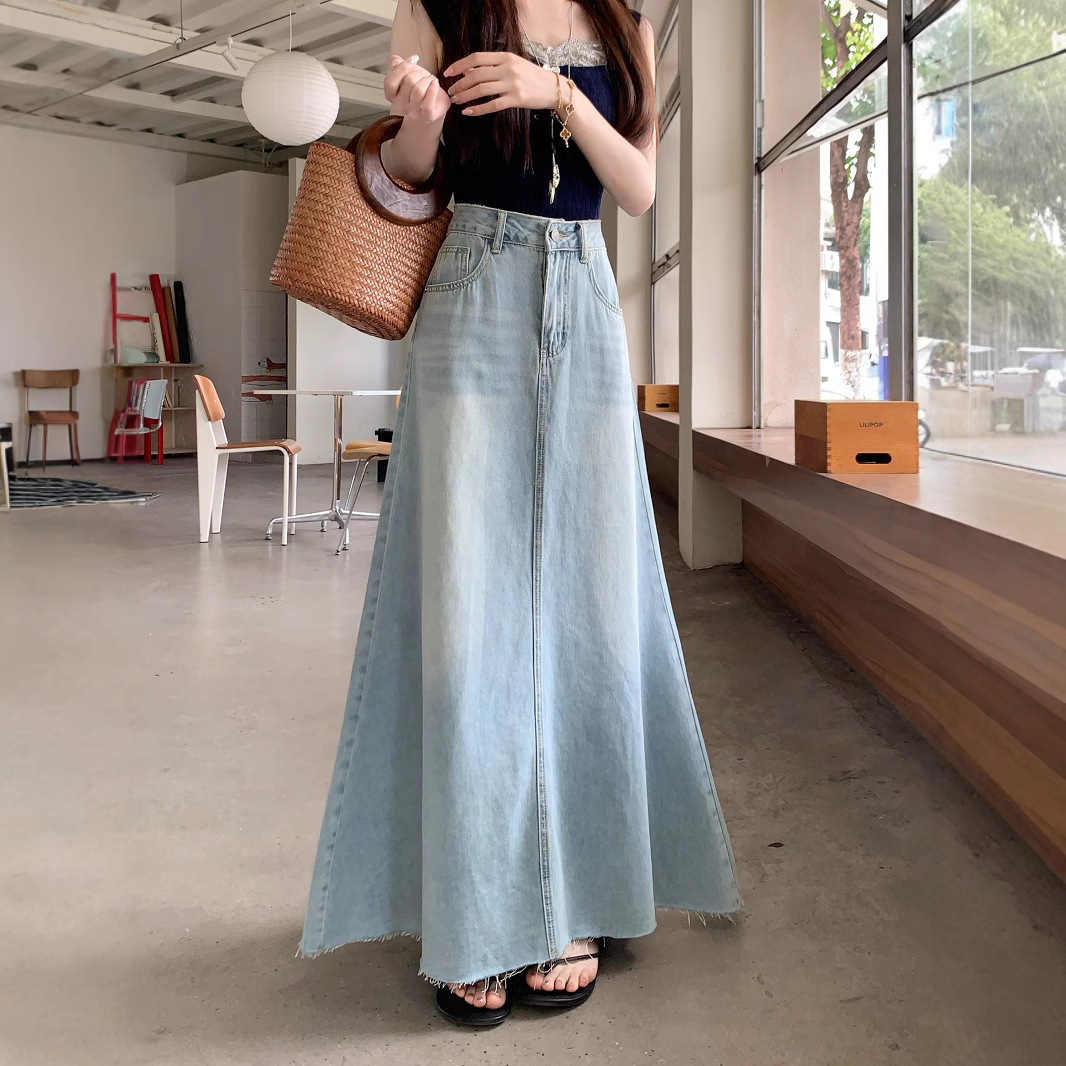 美式復古毛邊長版A字裙寬鬆顯瘦牛仔半身裙