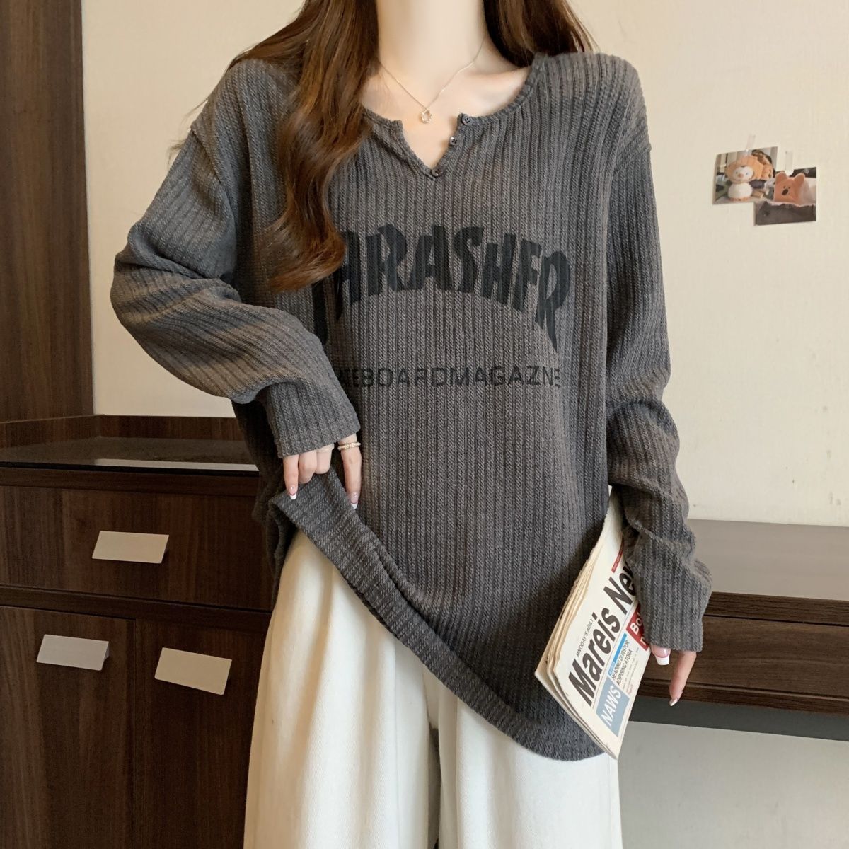 字母印花大碼寬鬆顯瘦休閒長袖T恤