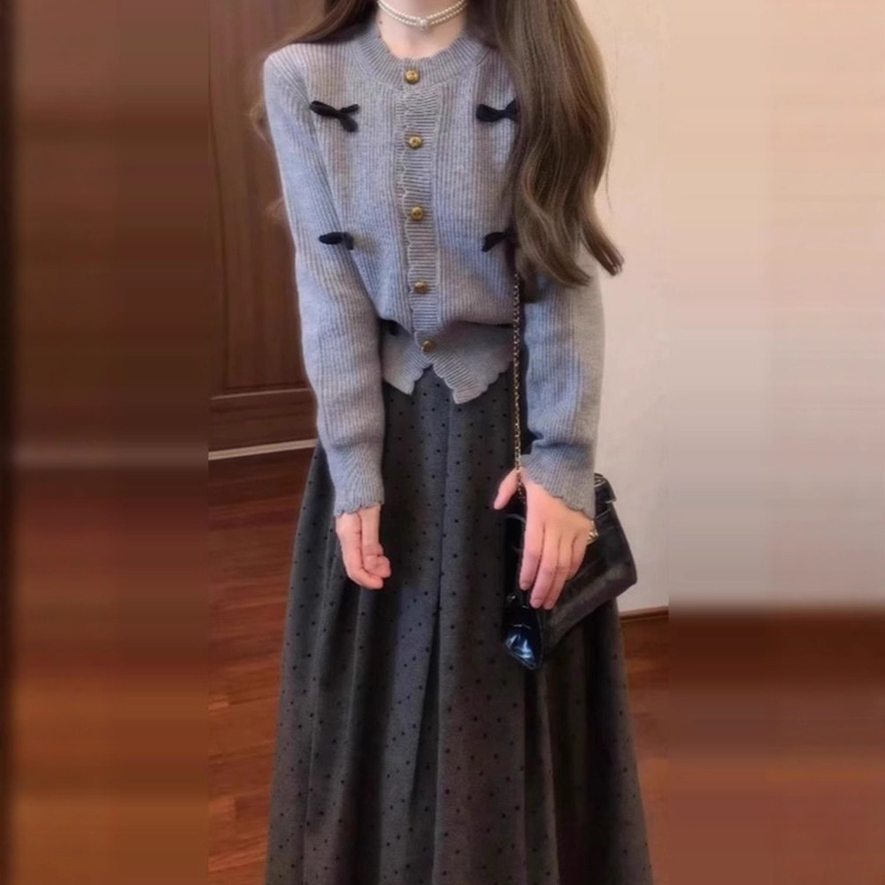 【單件/套裝】立體蝴蝶結針織開衫+波點半身裙兩件套裝