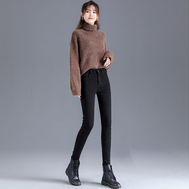 刷毛加厚高腰修身顯瘦彈力緊身小腳牛仔褲