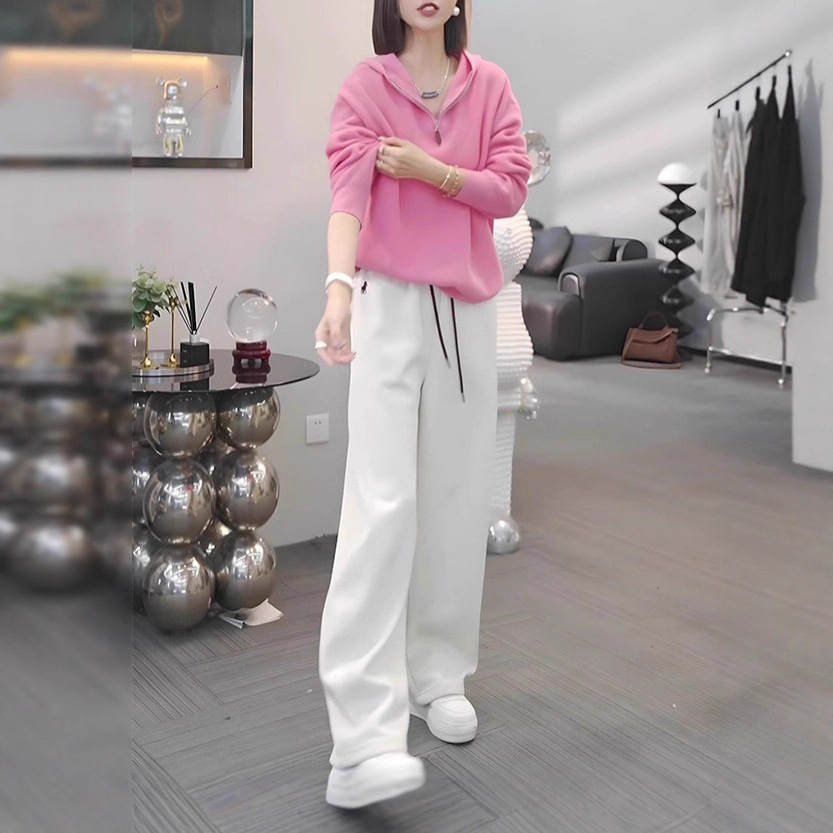 【整套】韓版寬鬆顯瘦粉色連帽長袖+休閒運動風簡約長褲兩件套