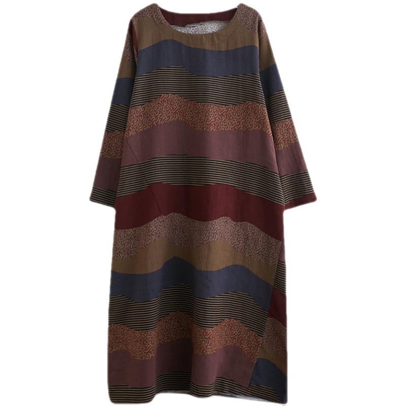 文藝洋氣復古亞麻條紋拼接棉麻洋裝-lululam